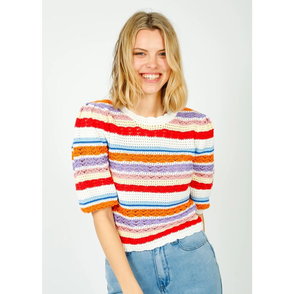 Suncoo Panaca Multicolor Striped Knit Puff Sleeve Crewneck Sweater Size Small
